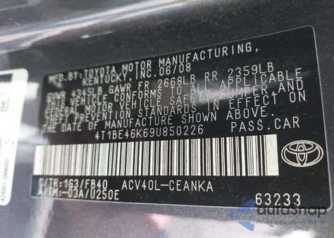 2009 Toyota Camry Le z USA, uszkodzony, nr VIN 4T1BE46K69U850226